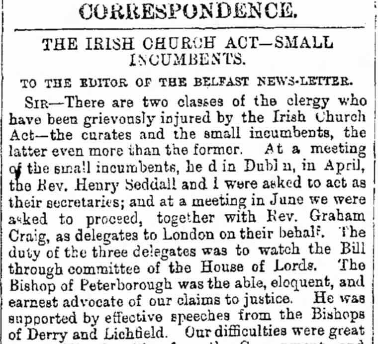 Gladstone's Irish Church Act which disestablishes the Church of Ireland takes effect