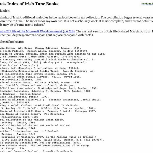 Paul de Grae's Index of Irish Tune Books