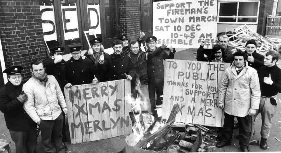 Start of firemens strike which lasted for two months; cover was provided by the army with their out of date green goddess fire engines.