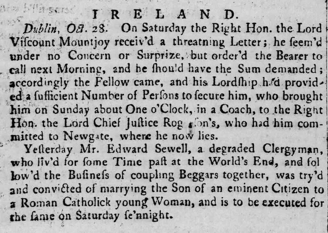 Rev. Edward Sewell, a couple-beggar, is hanged at Stephen's Green